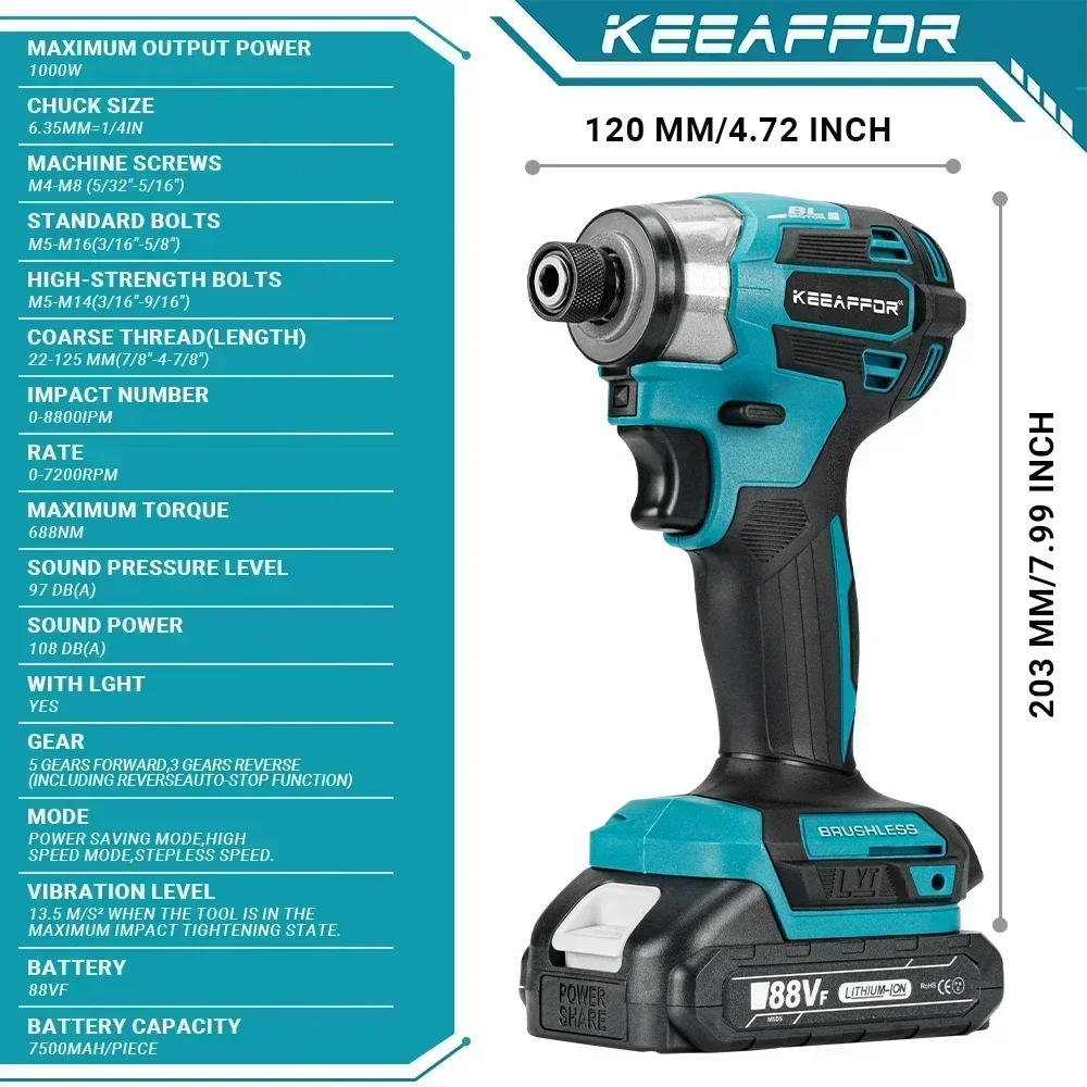 KEEAFFOR 688N.M Brushless 5Gear Electric Screwdriver Wireless Electric Power Tool Impact Driver Kit Drill For Makita 18V Battery