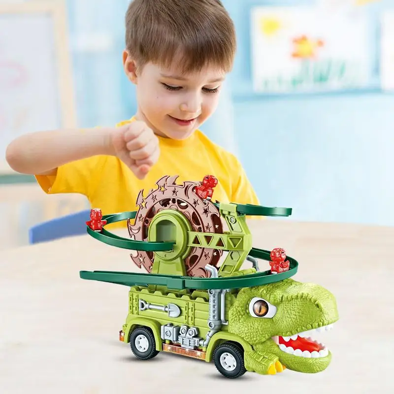 Playset Jalur balap dinosaurus, Set permainan konstruksi rel kereta api dinosaurus geser dengan Balap kartun untuk dinosaurus memanjat tangga