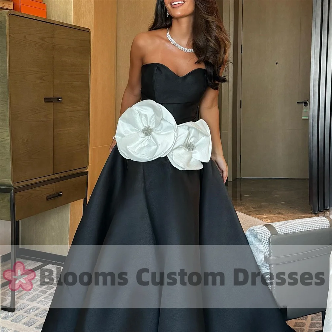 Robe de soirée en satin noir avec fleurs 3D, robe trapèze vintage, magnifique chérie, occasion formelle, Rhde fin d'année