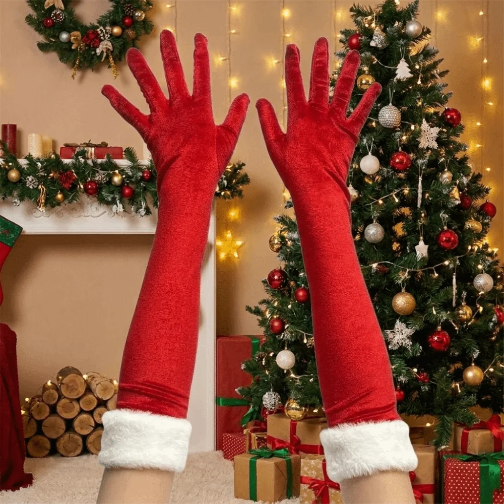 Red Plush Christmas Gloves Elastic Warm Velvet Long Gloves White Furry Cuff Photography Props Etiquette Mittens Banquet
