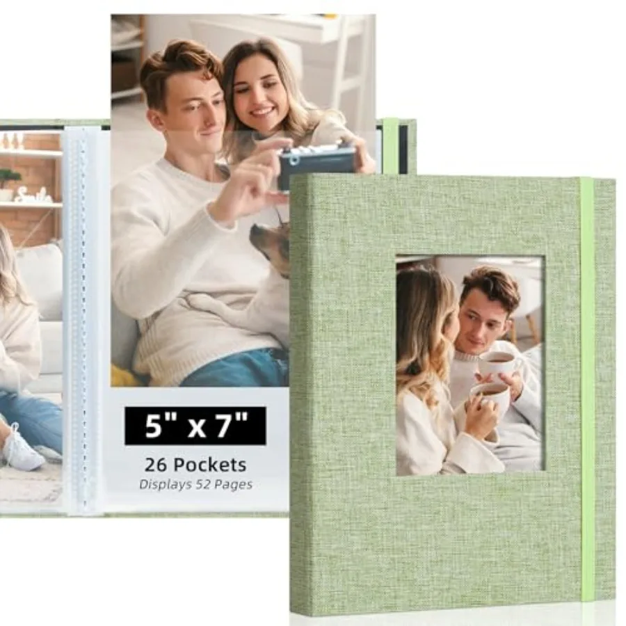 5x7 Photo Album, Slip In Fabric Cover Scrapbook with Front Window, Holds Photos,for Baby, Wedding, Travel, Green
