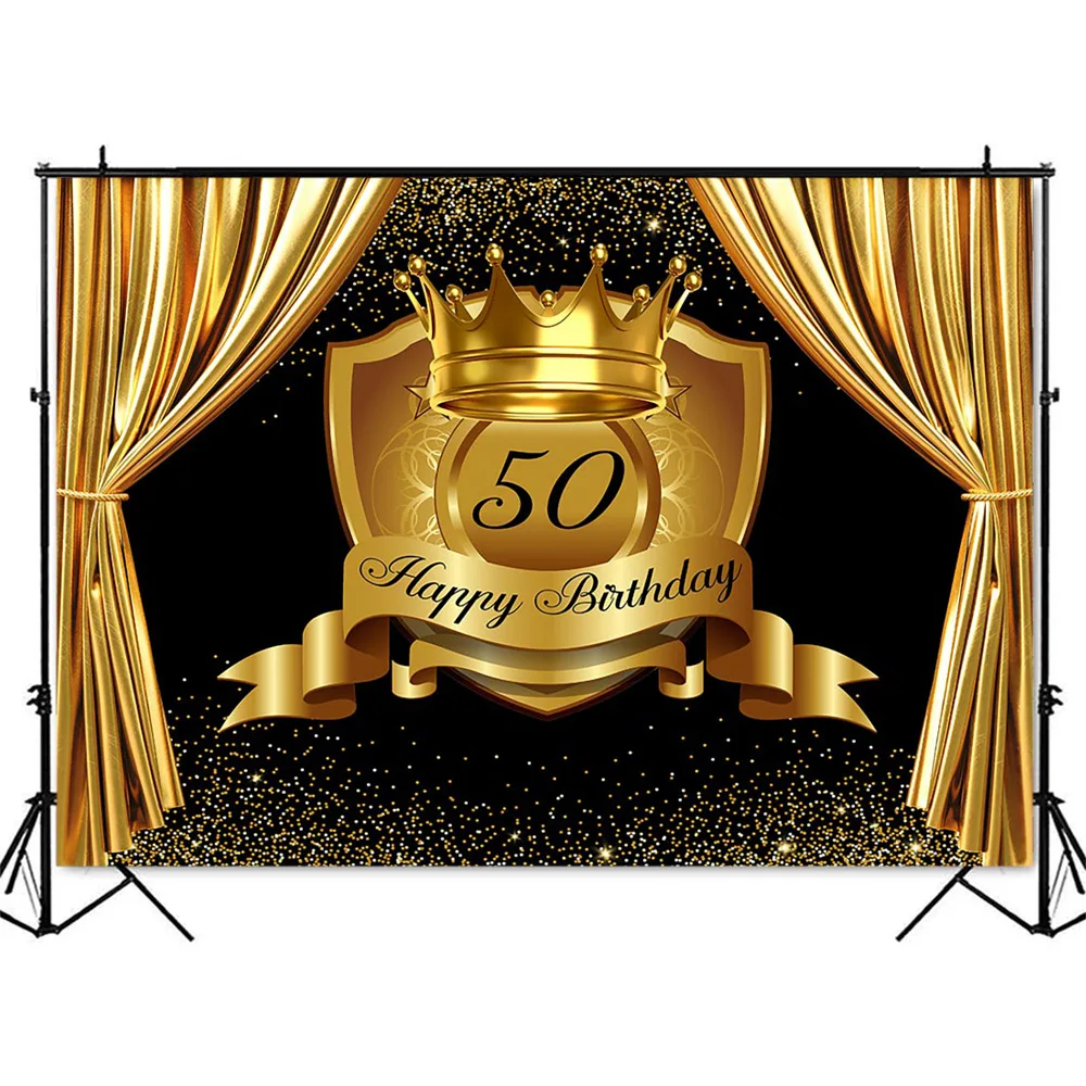 Gold Birthday Background 50th Birthday Party Decoration Royal Crown Photocall Golden Curtain Photo Backdrop Studio Customize