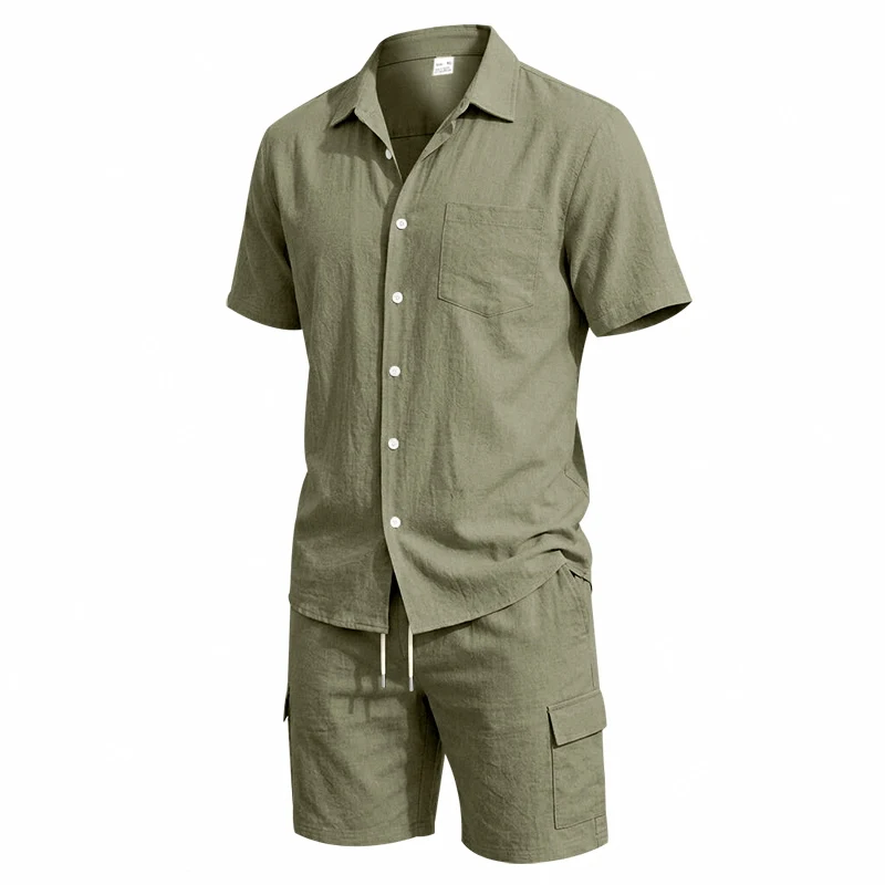 Men Summer American Linen Two Piece Set Short Sleeve Shirt Drawstring Cargo Shorts Loose Casual Outdoor Commute Vacation Outfit - view 4