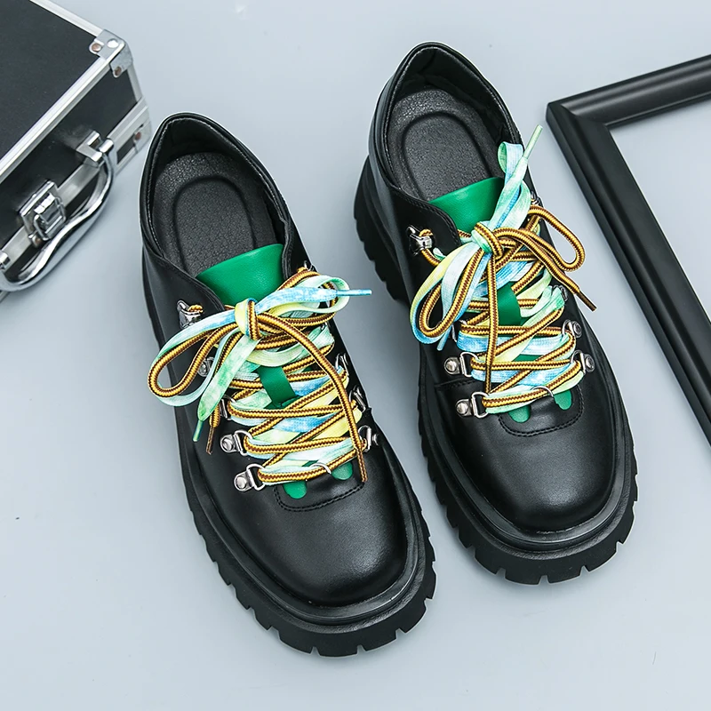 

Мужские лоферы на толстой подошве, цветные шнурки из искусственной кожи, модная повседневная мужская обувь, увеличивающая рост