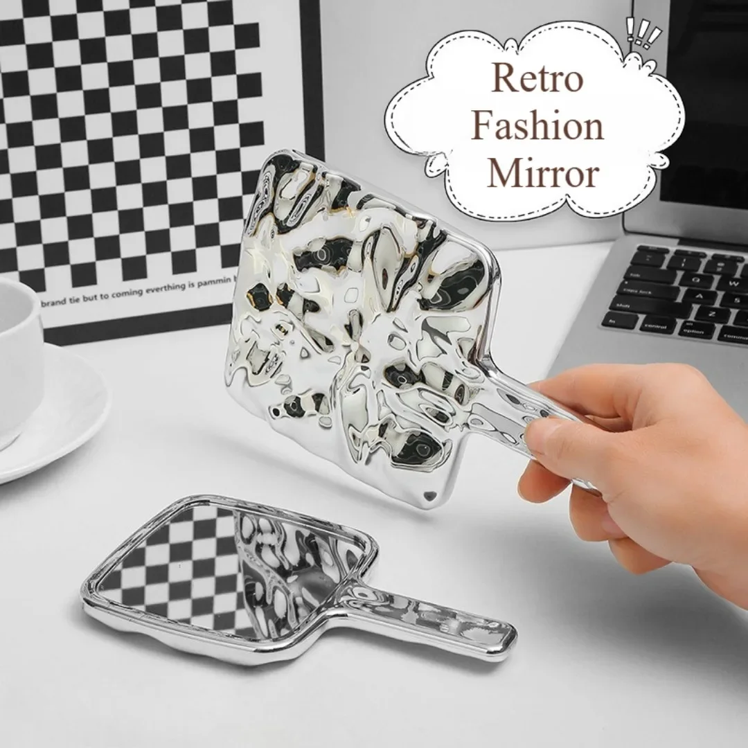 Portable Vintage Handle Makeup Mirrors Beauty Square Hand Small Make Up Mirror Liquid Shape Electroplated Square Makeup Mirrors