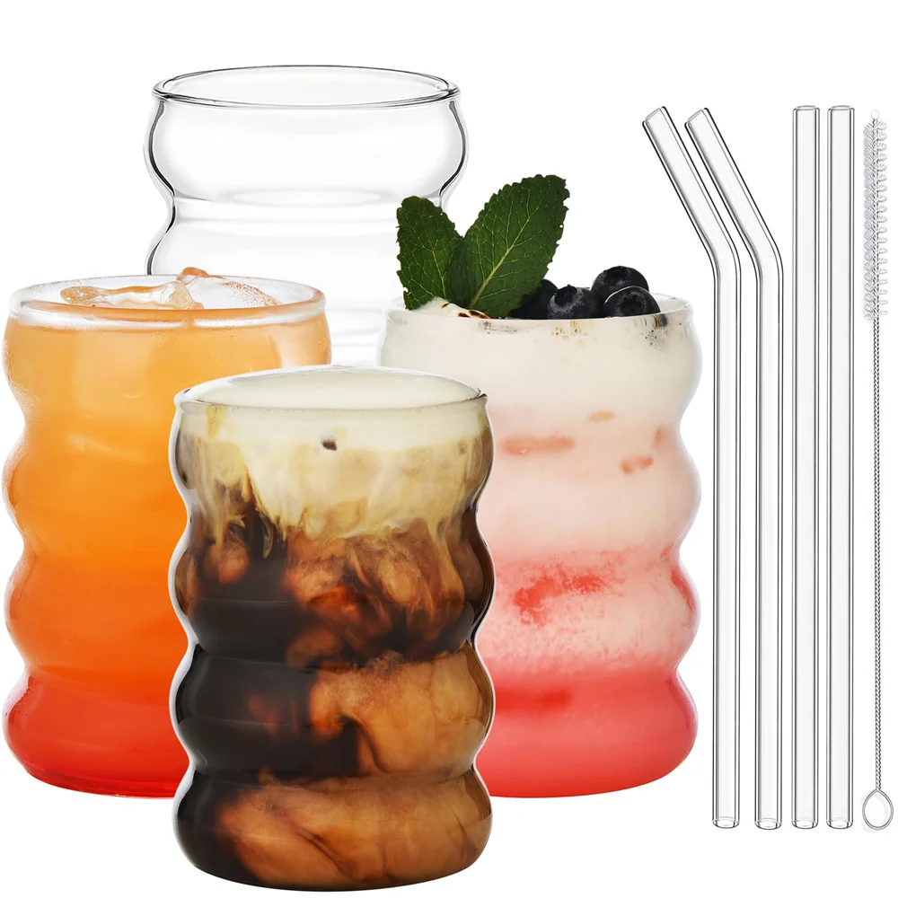 4-teiliges Set Kreative Glasbecher Kaffeetassen Vintage Trinkgläser Gerippte Eiskaffee-Gläser Tumbler mit Strohhalmen