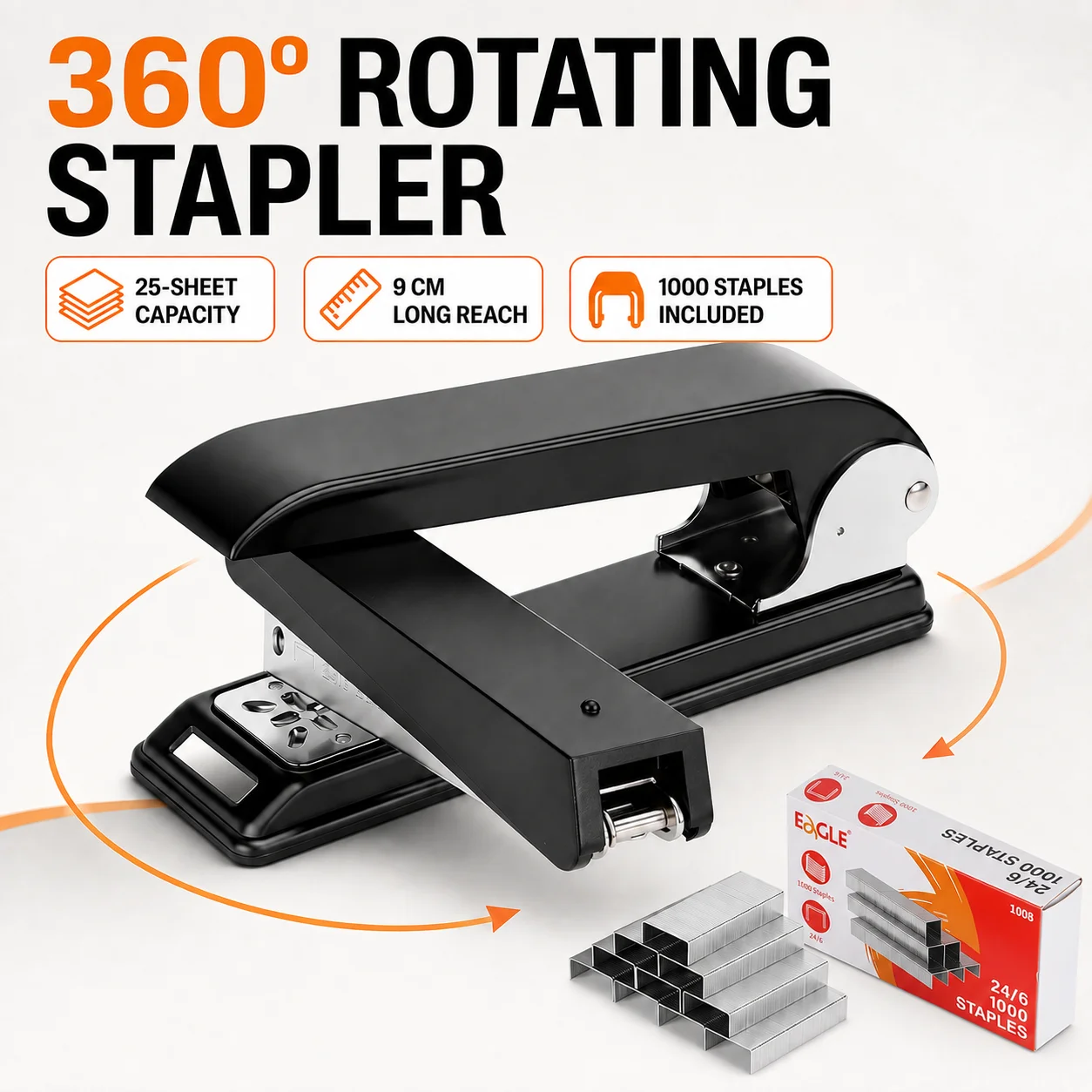 360° Rotating Stapler Set with 1000 24/6 Staples, 25-Sheet Capacity, 9cm Long Reach Stapler for Booklets Office School