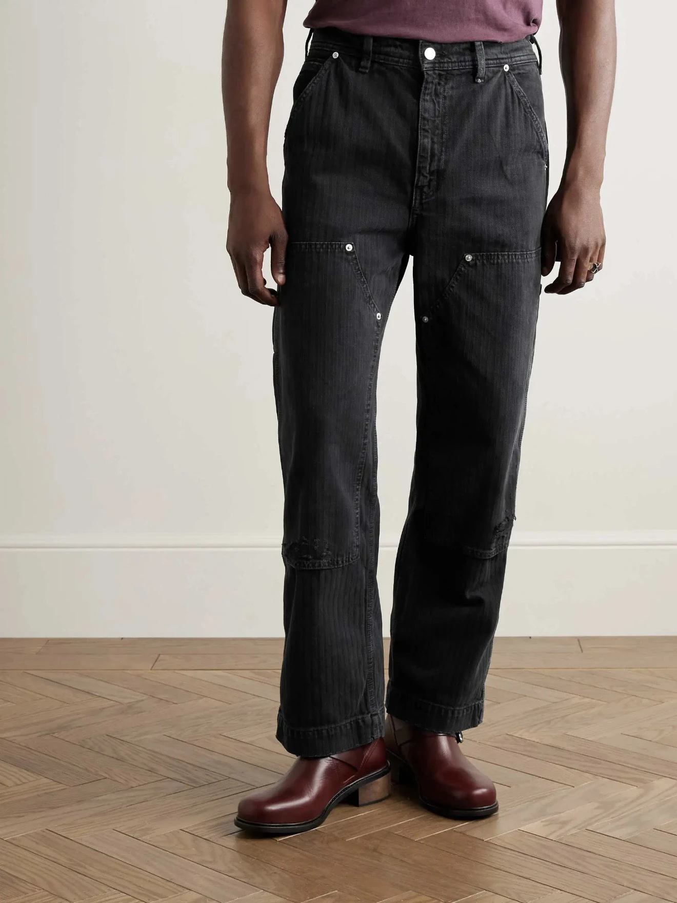 

Casual Cotton Workwear Pants Double Knee Rivet Loggers Street Sle Youth Faion Straight Leg Zipper Fly mid Waist Clean Fit