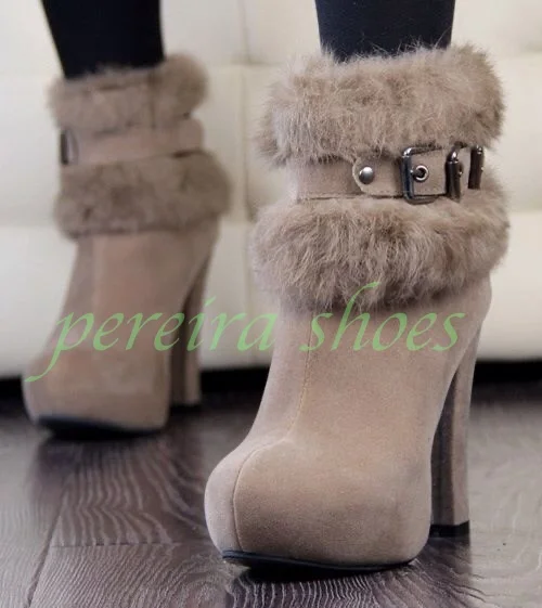 

Lady Suede Fur Warm Winter Ankle Retro Boots Platform Buckle Strap Chunky Heel Suede Runway Outdoors Warm Daily Boots Size 34-46