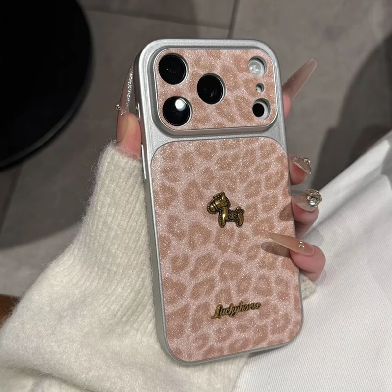 

For iPhone 17 Pro Max Case pink 3d metal horse Retro Leopard phone case for iPhone 13 14 15 16 17 Pro Max Case Fundas