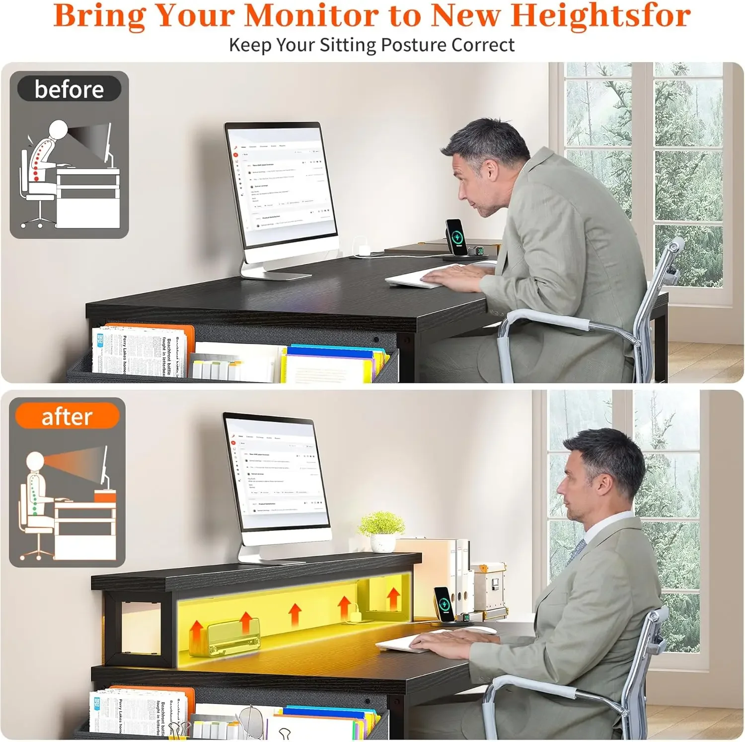 56.5" Computer Desk with Power Outlets,Home Office Desk with Fabric File Cabinet,Study Writing Gaming Desk with Monitor Shelf,Wo