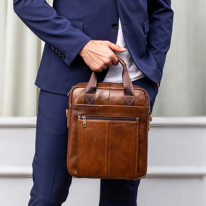 Genuine Leather Vertical Men\'s Briefcase Vintage Business Handbag Office Male Shoulder Messenger Bag