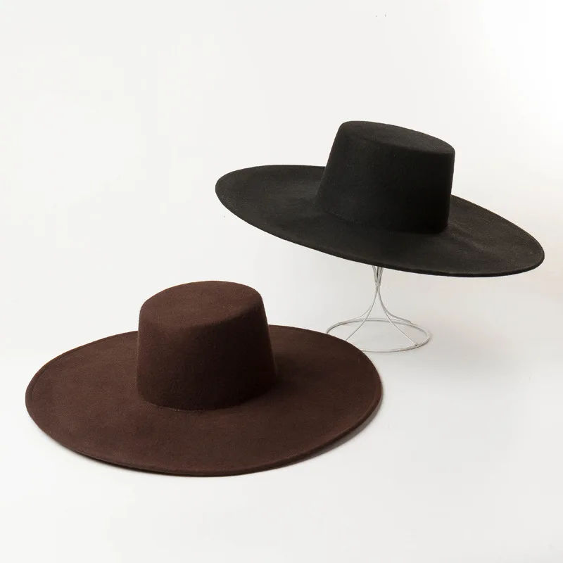 

Autumn Winter New Flat Top Wide Brim Wool Felt Hat Casual Fashion Wool Felt Wide Brim Flat Top Hat