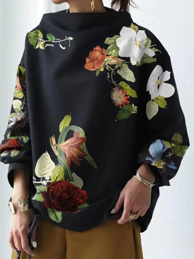 Yeezzi Women's Elegant Floral Printed High-Neck Pullover Tops 2025 New Spring Autumn Long Sleeves Loose Casual Daily T-Shirts