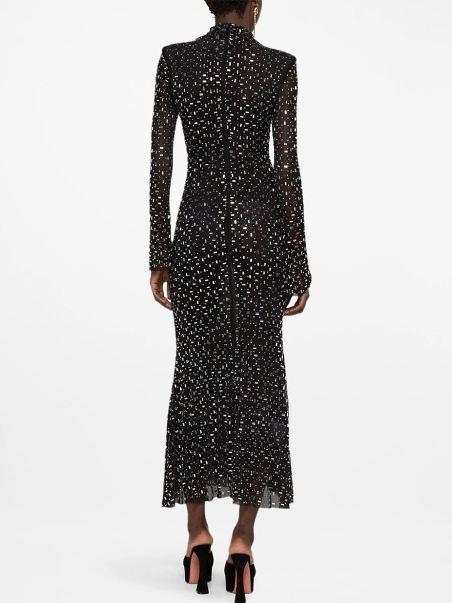 Elegante vestido negro transparente de manga larga hasta la pantorrilla con perforación en caliente para mujer con adornos brillantes Ideal para eventos nocturnos