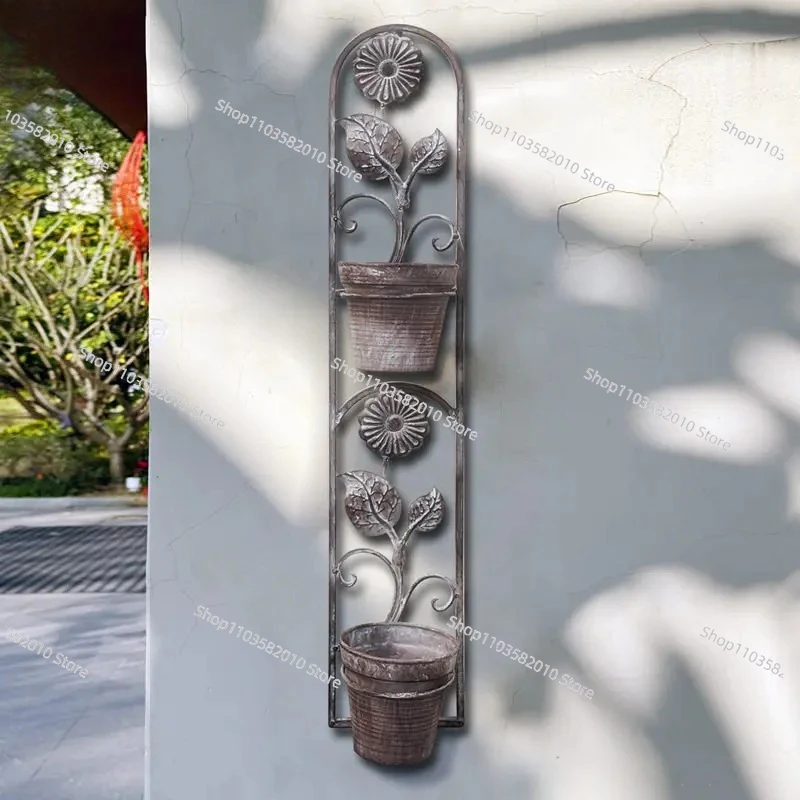 European Wrought Iron Wall Flower Stand, Outdoor Balcony Hanging Plant Pot Rack for Courtyard