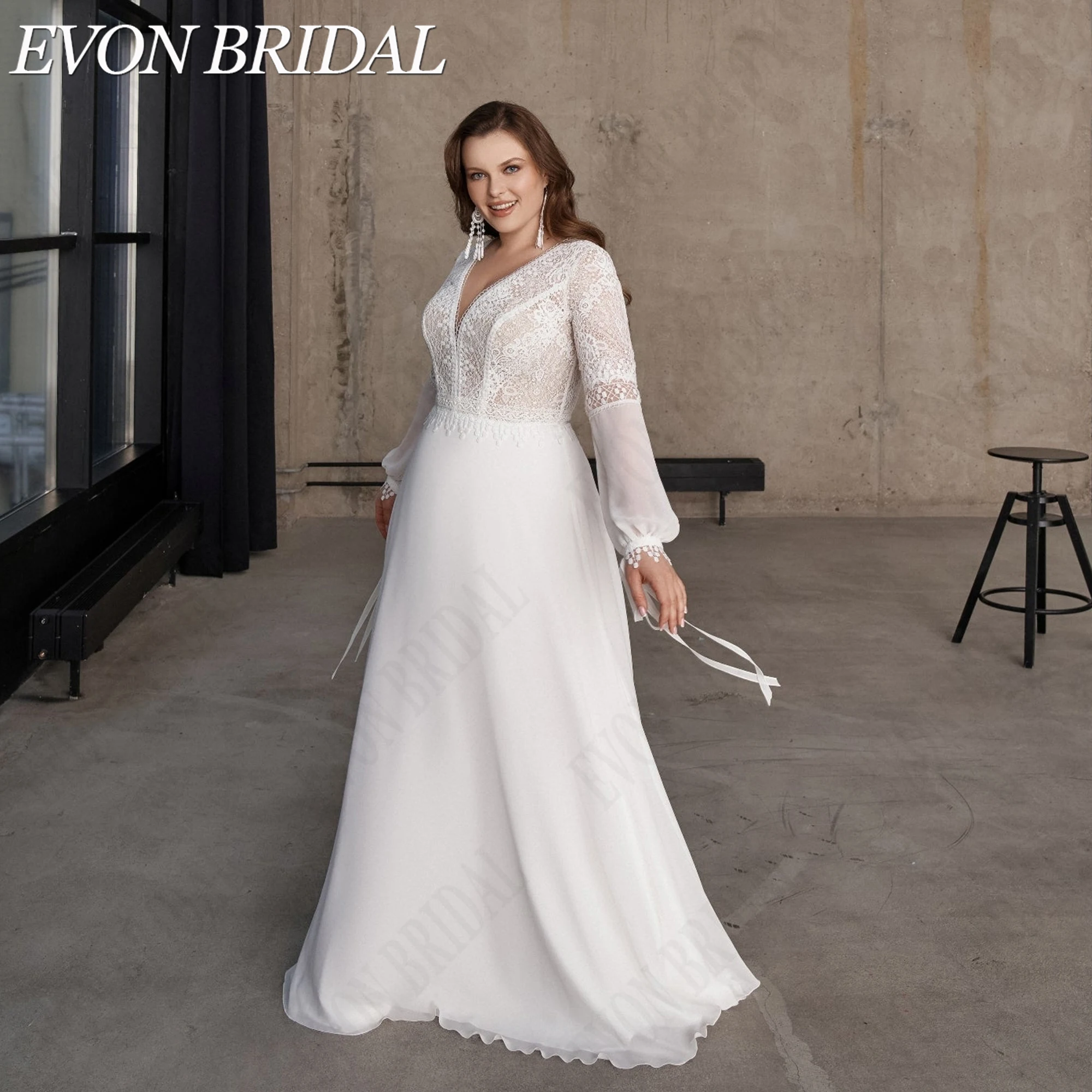 EVON BRIDAL Plus Size V Neck Chiffon Wedding Gown For Women Vintage Lantern Sleeve Bride Dresses A-Line Brautkleid Customized