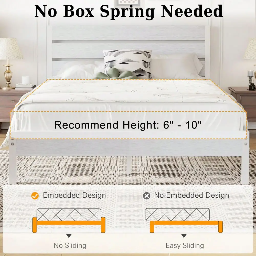 Full Size Bed Frame With Wood Headboard, Metal Frame, NoiseFree Industrial Bed, Queen Twin Options, Platform Bed, White