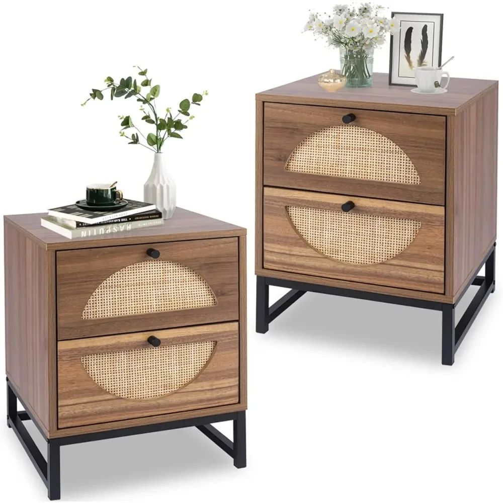 

Rattan Nightstand Set of 2,Wood End Table Set of 2Boho Night Stands,Bedside Table Sofa Side Table for Living Room