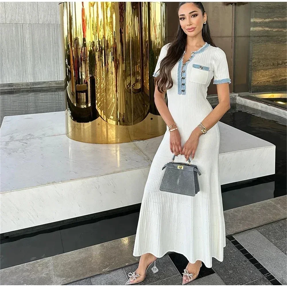 

Elegant Contrasting Women Knit Maxi Dress Chic O-neck Short Sleeve Metal Buttons Bodycon Dresses Office Lady Commuting Robe