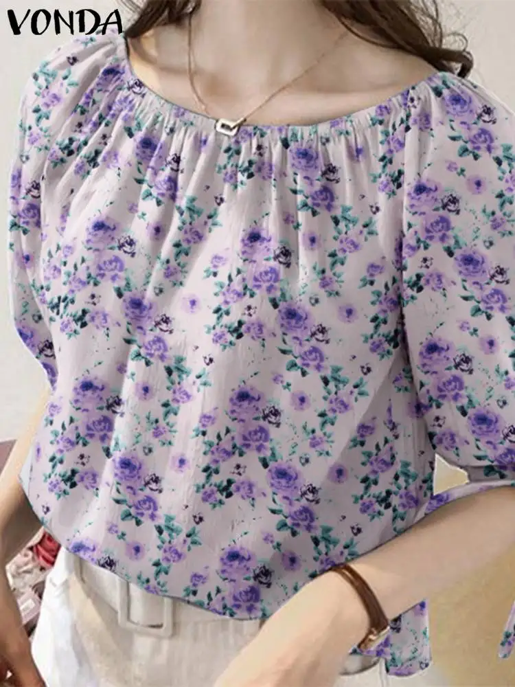 

2024 VONDA Summer Shirts ohemian Floral Printed Tunic Tops Women Blouse Vintage Short Puff Sleeve Fashion Casual Loose Blusas