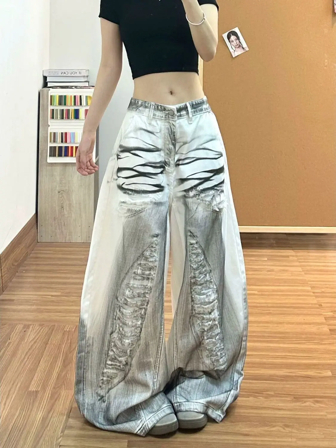 American retro water-washed graffiti distressed design denim women summer high street loose-fitting floor-length wide-leg pants