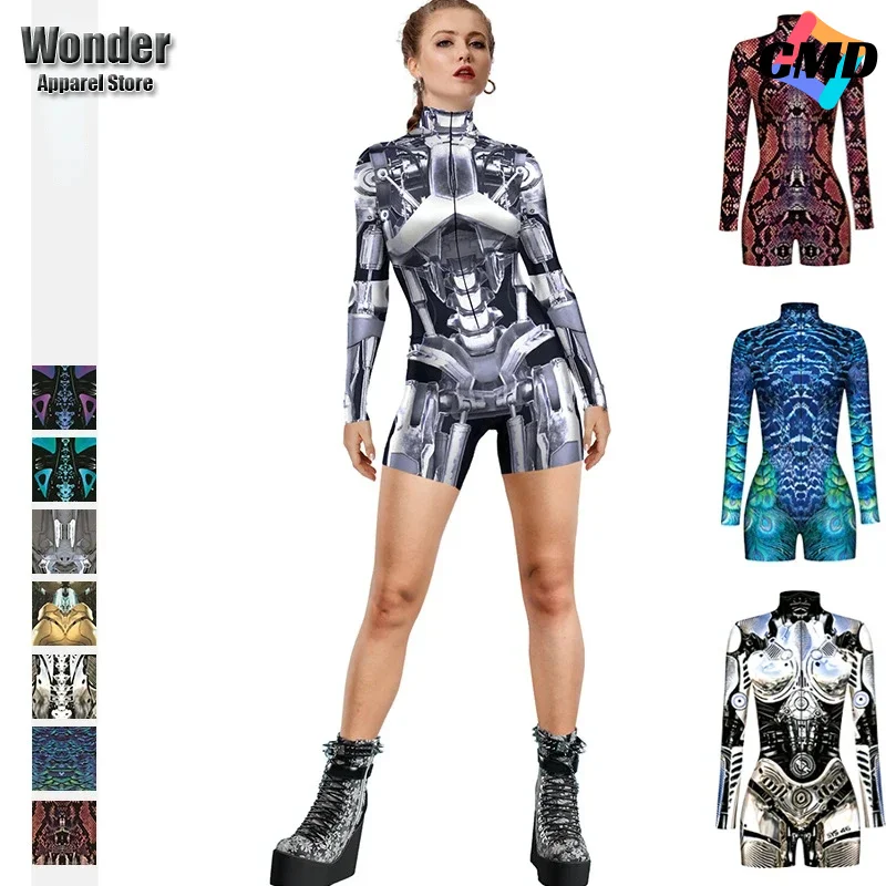 Cos Women Men Skull Machine Punk Future Robot 3D Print Bodysuit Jumpsuit Halloween Cosplay Costumes Stage Party Role Play Outfit