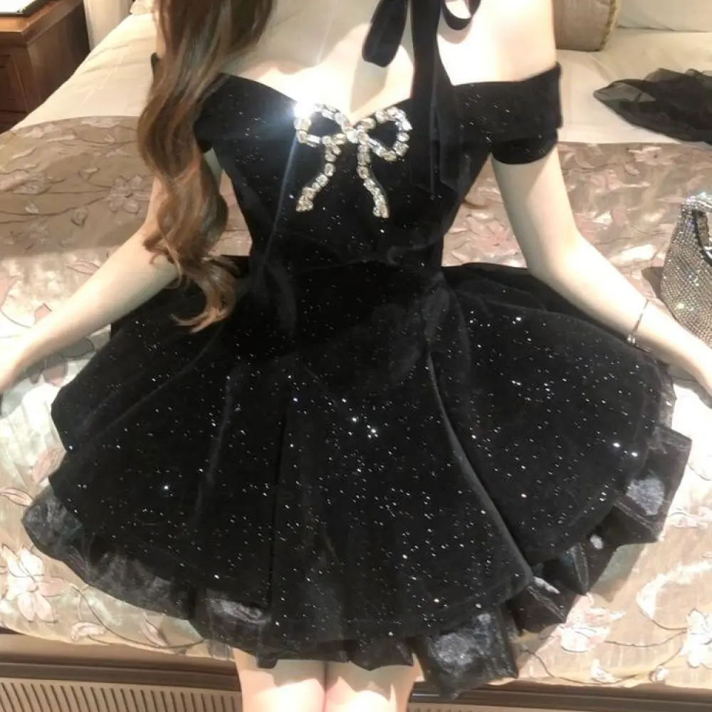 Elegant Velvet Mini Dress Strapless Off Shoulder Princess Party Gown Womens Luxury Bowknot Formal Evening Cocktail Club Dresses