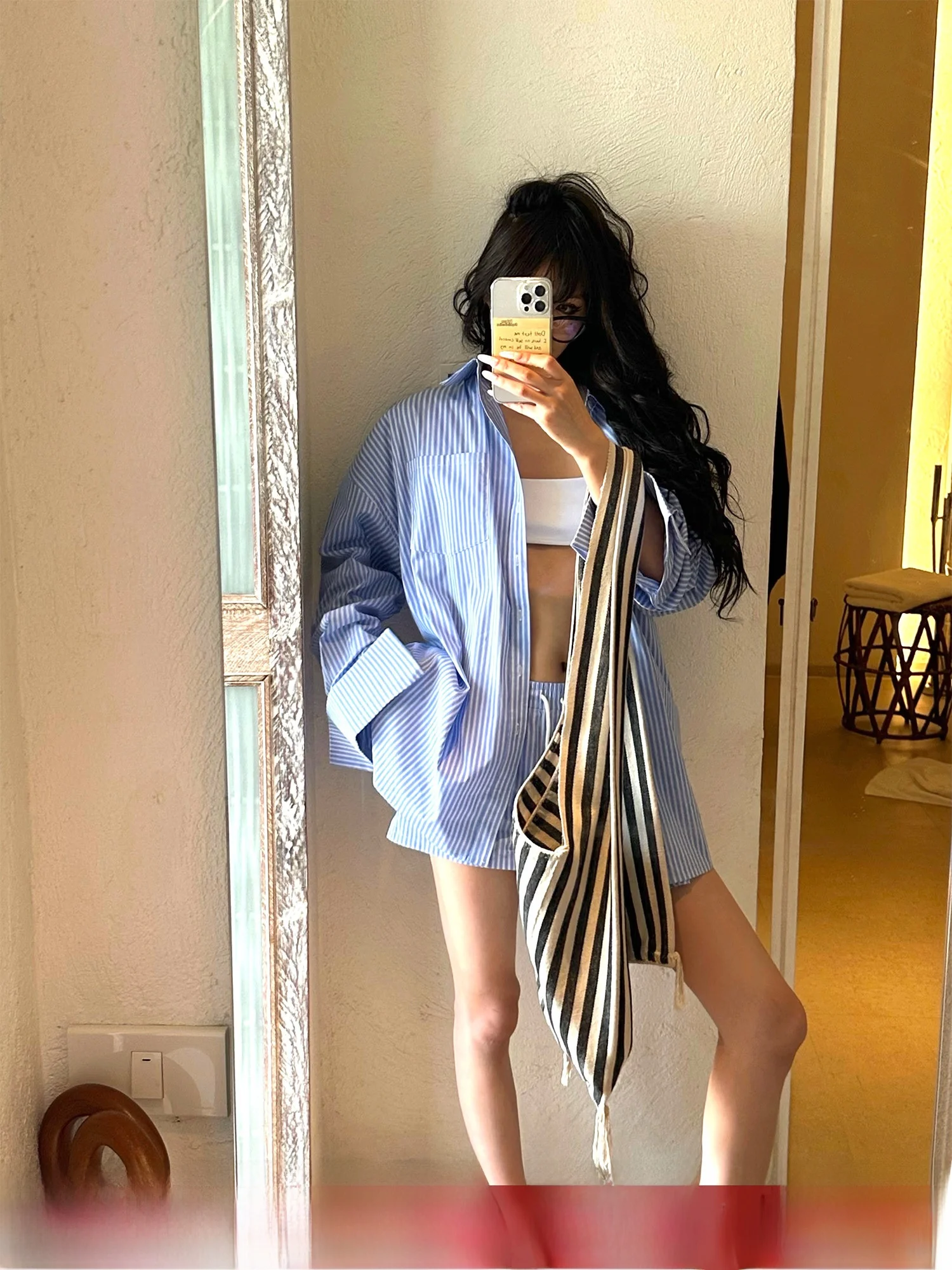 Vacation Morning Blue White Striped Loose Casual Shirt And Short Pants Set Women's Fashion Cotton Long Sleeve Button up Top