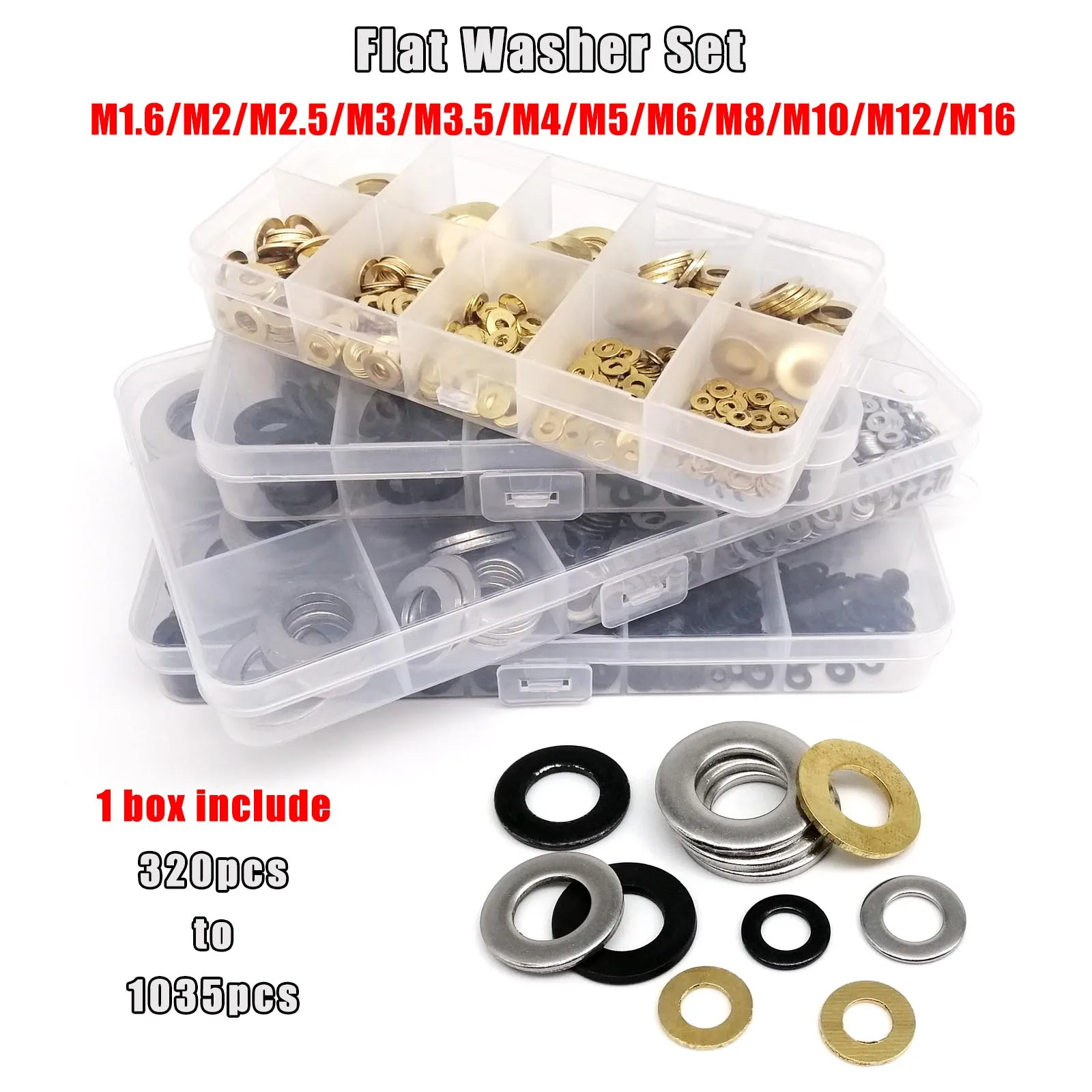 1 Box Mix M1.6 M2 M2.5 M3 M4 M5 M6 M8 M10 M12M16 Assortment Kit Flat Washer Plain Gasket Black 304 A2 Stainless Steel Brass GB97