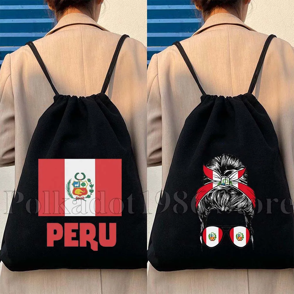 Peru Map Flag Map Peruvian Girl Peruanos Latino Pride Gifts Canvas Drawstring Backpack Sports Sacks Gym Sackpack String Bags
