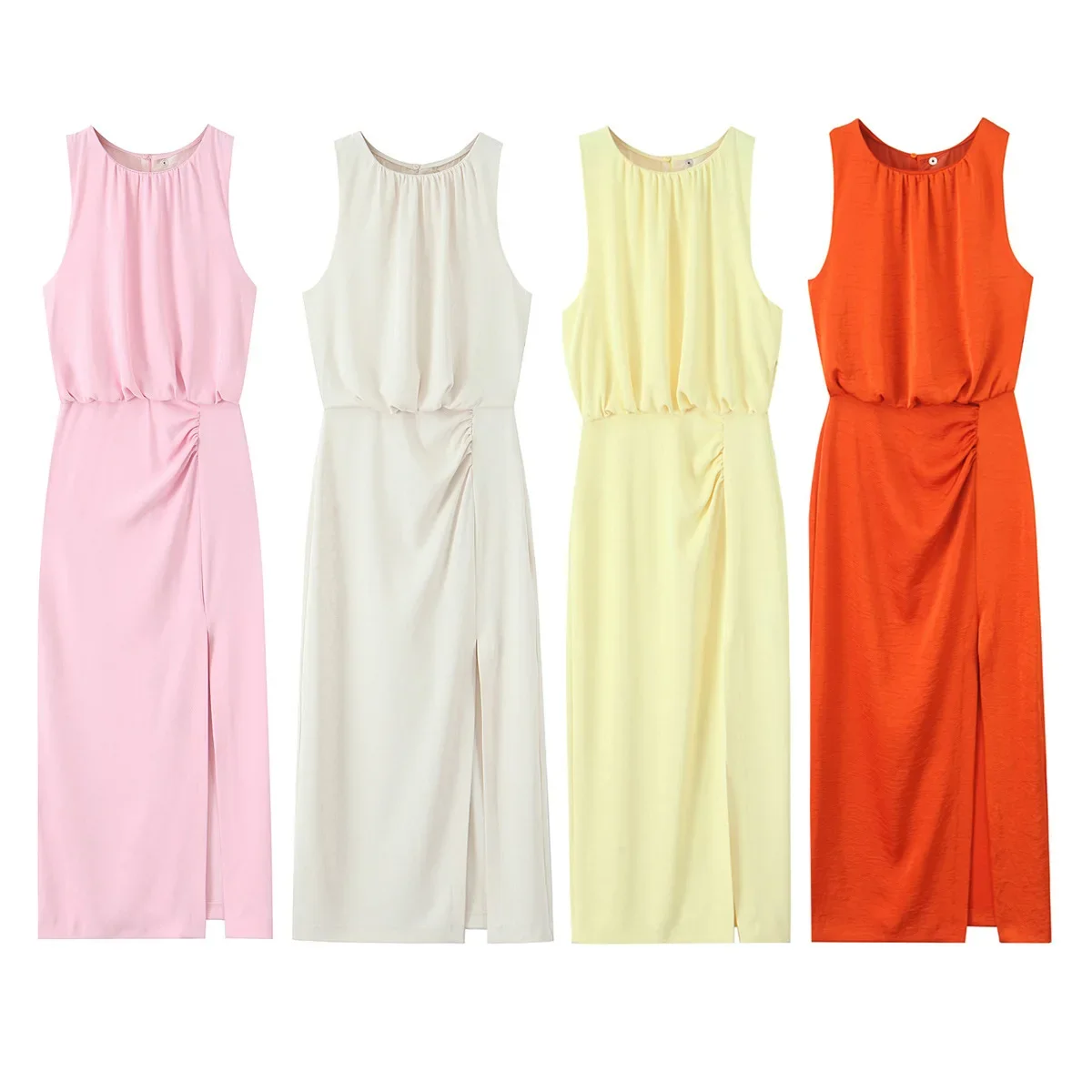 2025 Elegant Women Summer Ruched Waist Midi Dress Casual Sleeveless O Neck Slit Bodycon Party Beach Vacation Dress
