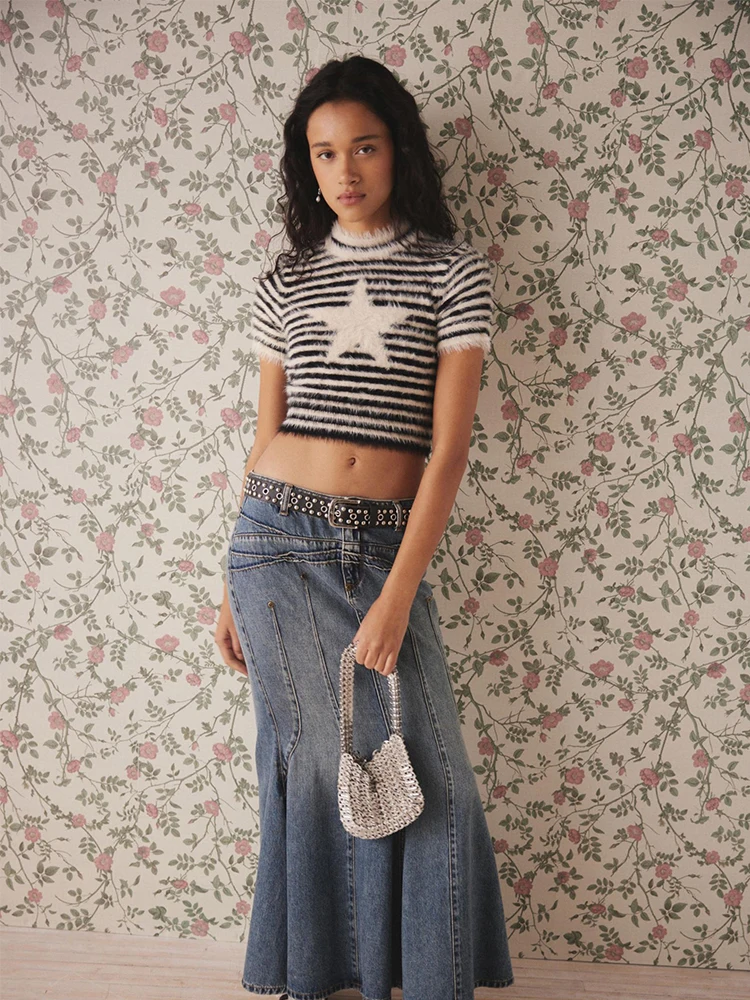 HIZILENT Уличная одежда Slim Fit Пуловер с короткими рукавами Верхняя женская одежда со звездным принтом Круглый вырез и с ко...