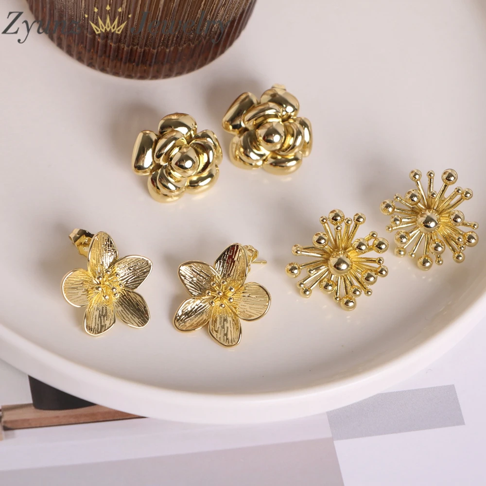 

5 Pairs, Dainty Rose Flower Daily Stud Earrings for Women Stylish Texture Gold Color Plated Jewelry Bijoux