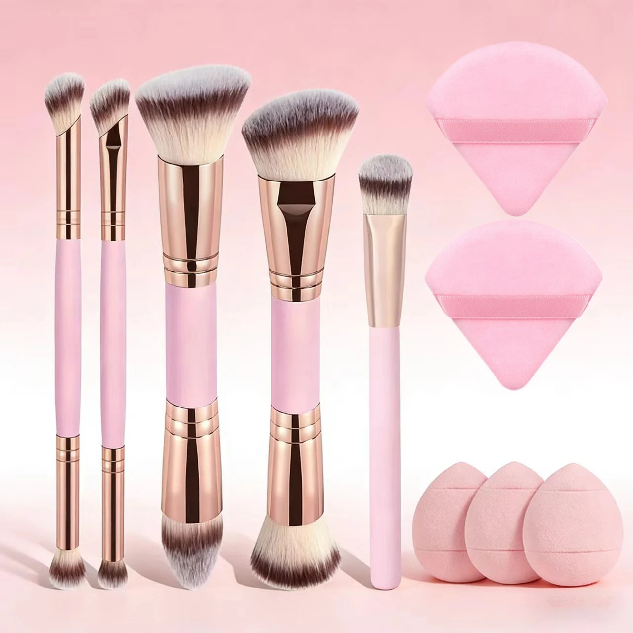 Juego de brochas de maquillaje profesionales de doble cabeza, mango de madera, herramientas de belleza de doble punta con esponja de maquillaje para maquillaje artístico