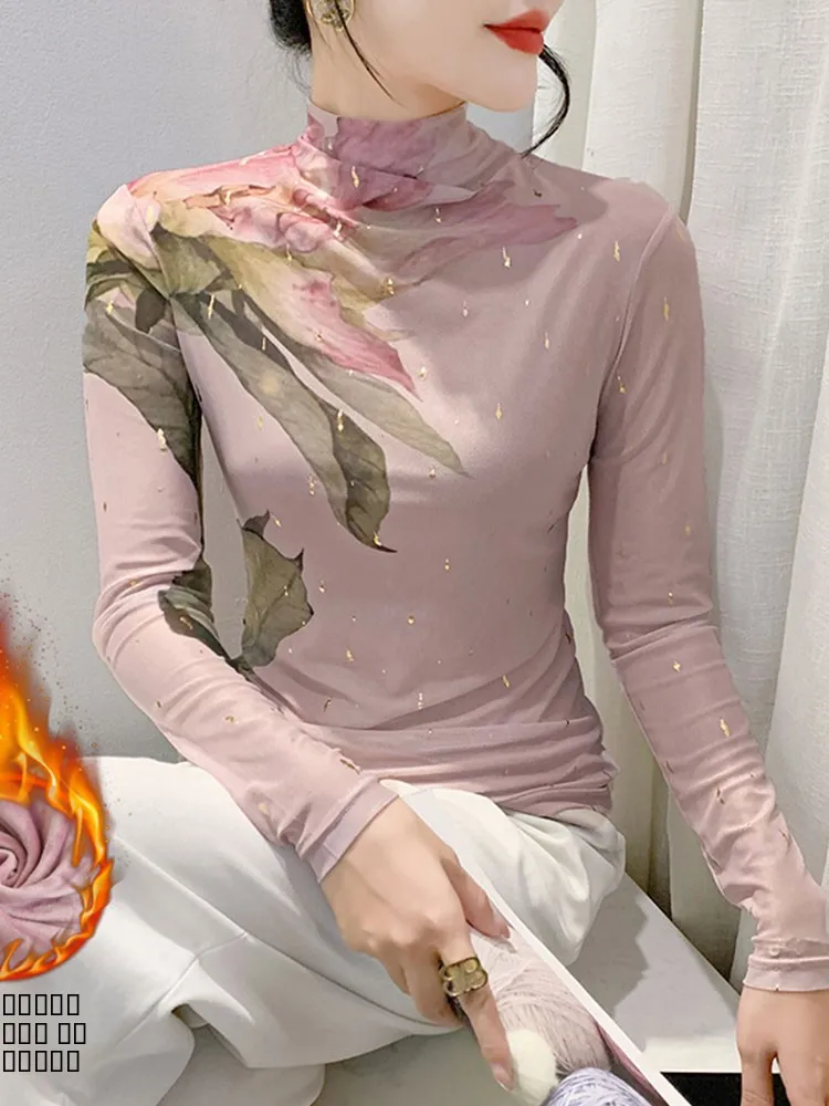 

Женская теплая футболка-топ Thiened Fce Long Sve с высоким воротником, принтом и сетчатой основой, осенне-зимняя, модная уличная одежда