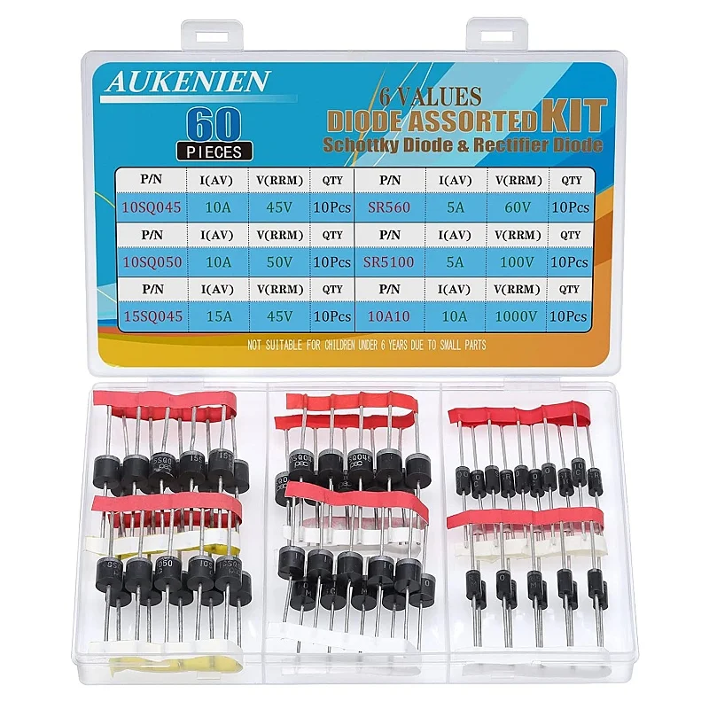 

AUKENIEN 6 Values 60 Pieces Schottky Rectifier Diodes Assortment Kit 10SQ045 TO SR560 Diode 5A TO 1000V Axial Diodes
