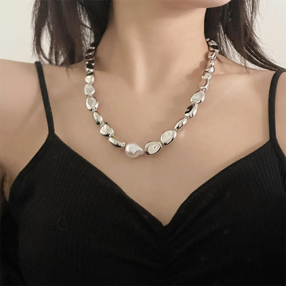 Vintage Silver-plate Geometric Exaggerated Artificial Pearl Chain Necklace For Women Female Fashion Boho Y2K Girl Jewelry Gift