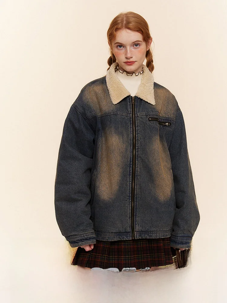 

TAKEANAP Nap Time Thiened Denim Jaet женское свободное хлопковое пальто с мехом ягненка с внутренней стороны осень-зима Sweet Sle Long Sve Z...