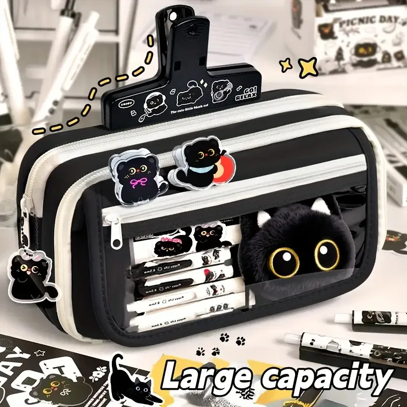 Conjunto de Estojo de Lápis Grande com Capacidade para 33 Peças, Armazenamento em Lona Multicamadas, Estojo de Lápis - Série Gato - Material Escolar