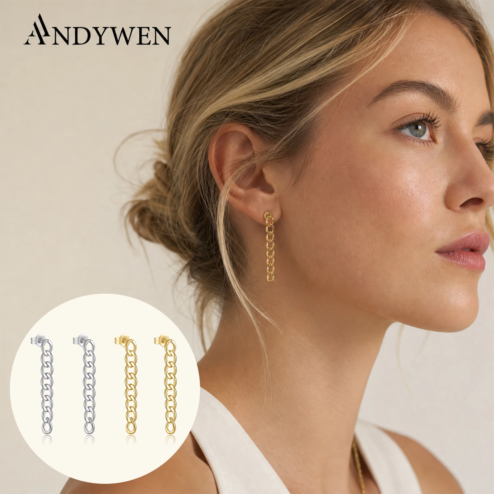 ANDYWEN 925 Sterling Silver Lock Chain 45mm Drop Earring Piercing 2026 Rock Punk Fine Women Fashion Pendiente Jewelry Gift
