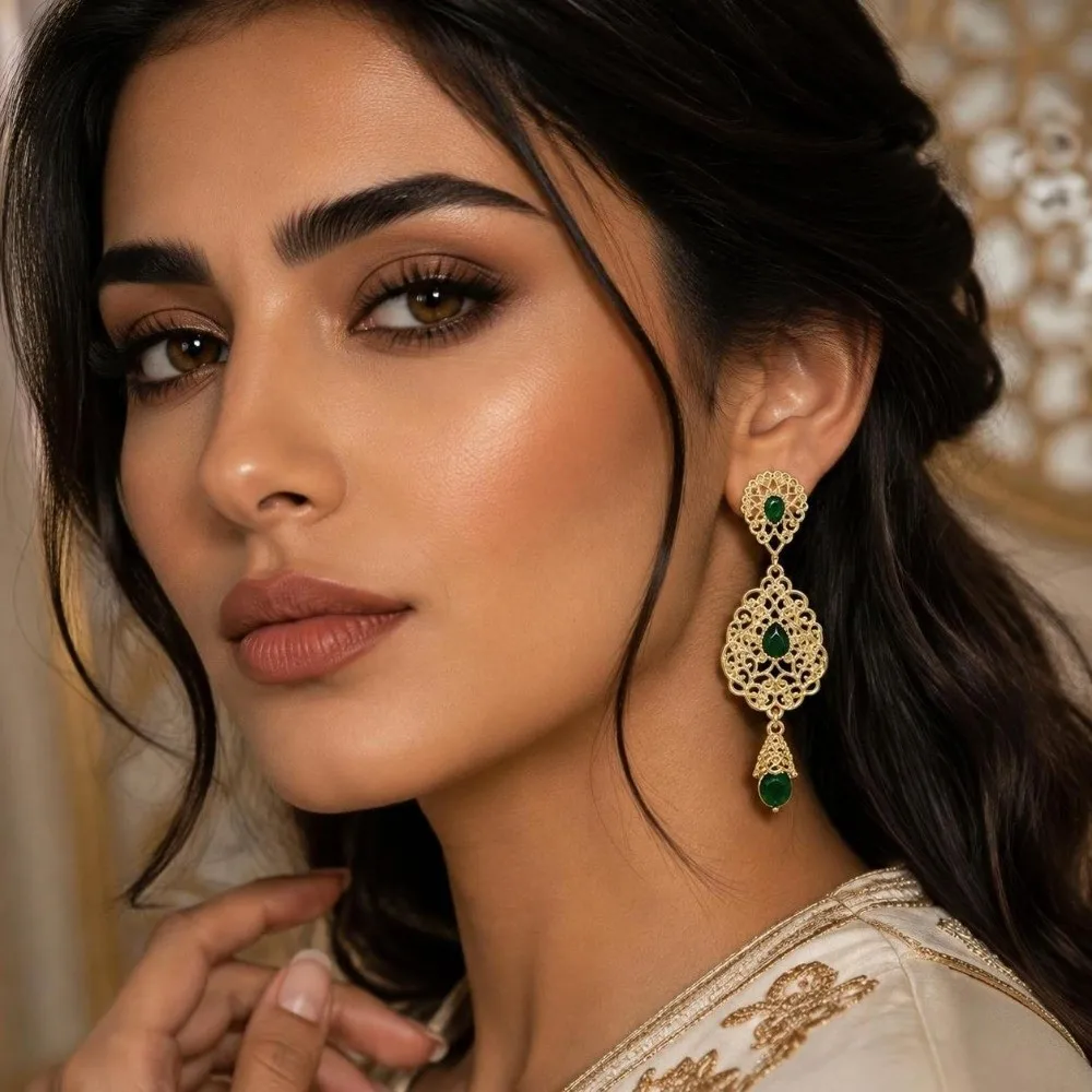 1 Pair Hollow Design Arabic Earrings Crystal Pendant Water Droplet Shape Hollow Earrings Traditional Style Moroccan Earrings