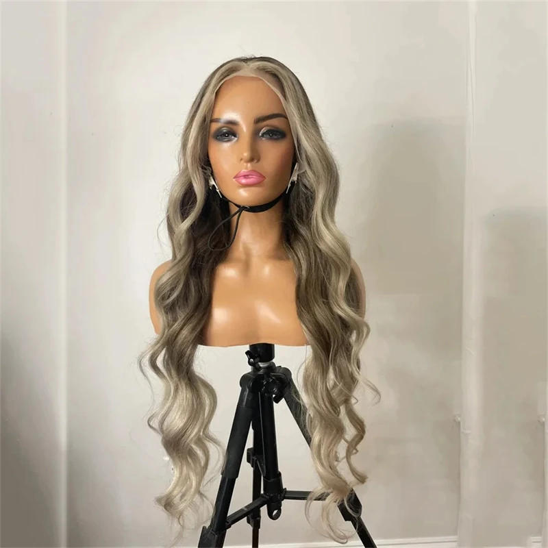 

Ombre Brown Blonde with Platinum Streaks Lace Front Synthetic Wig Free Part HD Invisible Lace Front Wig For Women Glueless Wig