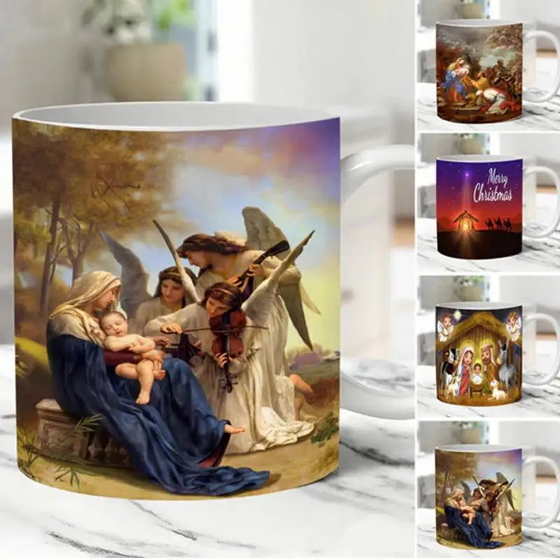 Christian Mug 11oz Inspirational Nativity Scene Ceramic Mug Religious Holy Night Cup Coffee Mug For Tea Warm Beverages Protein