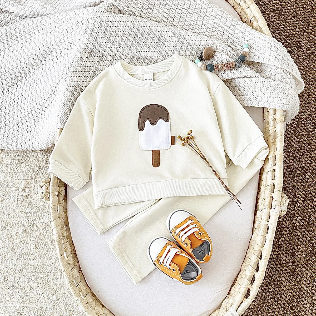 2024 Fall Baby Sets Boy Infant Clothing Toddler Casual Cotton Home Wear Ice Cream Long- Sleeved Pullover+Pants Children\'s Suits