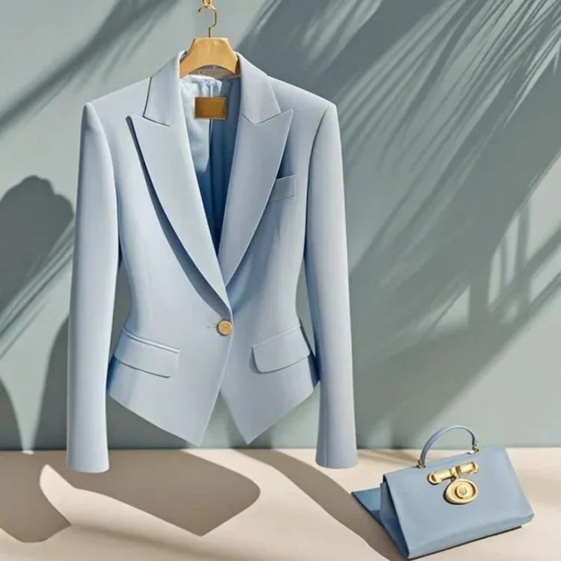 Chaqueta de traje blanca de gama alta para mujer, abrigo corto ajustado con un solo botón, prendas de vestir con solapa de diseño para oficina para mujer, Otoño Invierno XQ216