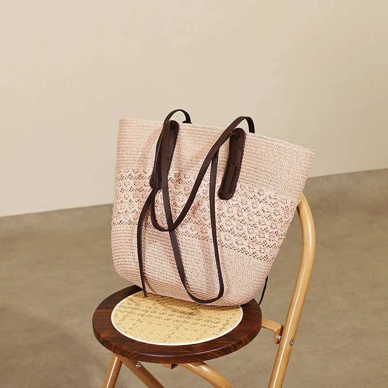 22026 New Collection French Style Straw Woven Tote Bag Casual Minimalist Large Capacity Single Shoulder Handbag Beach Vacation