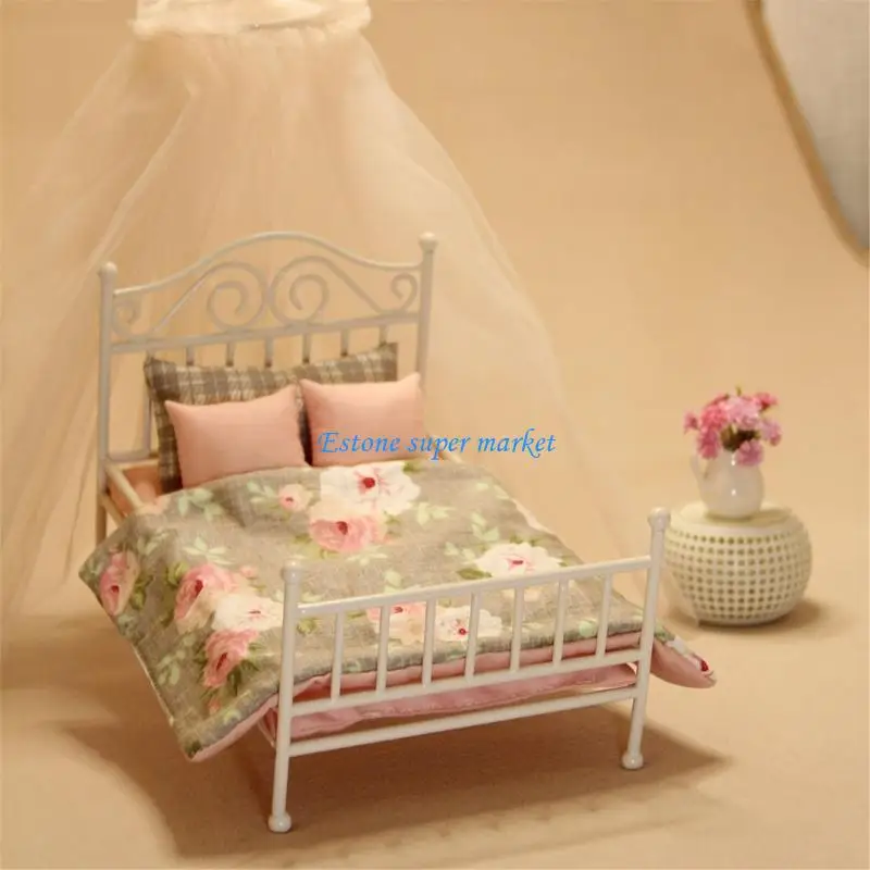 Picture 4: 090B Elegant Metal Bed Model House Bedroom Double Bed 1:12 Scale Mini Furniture Collection