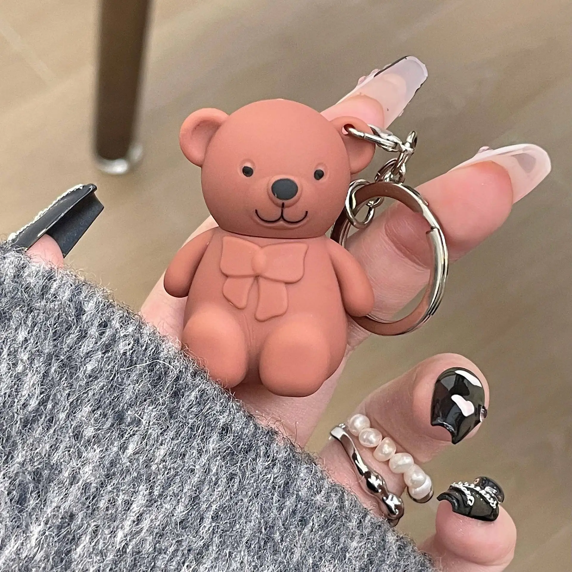 6 Color Cute Bear Matte Lip Mud Velvet Grey Pink Keychain Lipstick Waterproof Lasting Lip Glaze Cosmetics Portable Lip Gloss