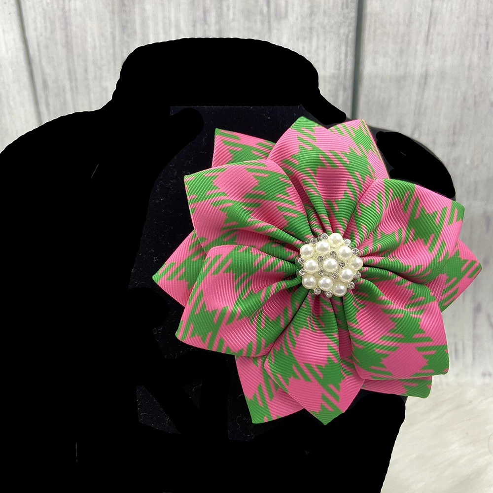 Pink green double layered flower shaped inlaid with rhinestone pearl brooch